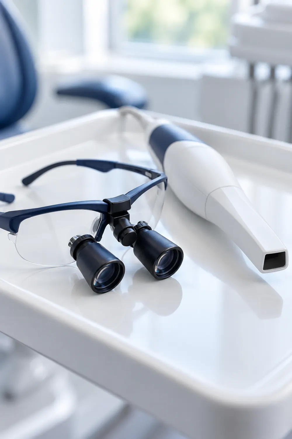 KI-generiertes Stimmungsbild: Lupenbrille und Intraoralscanner auf einem Tablett